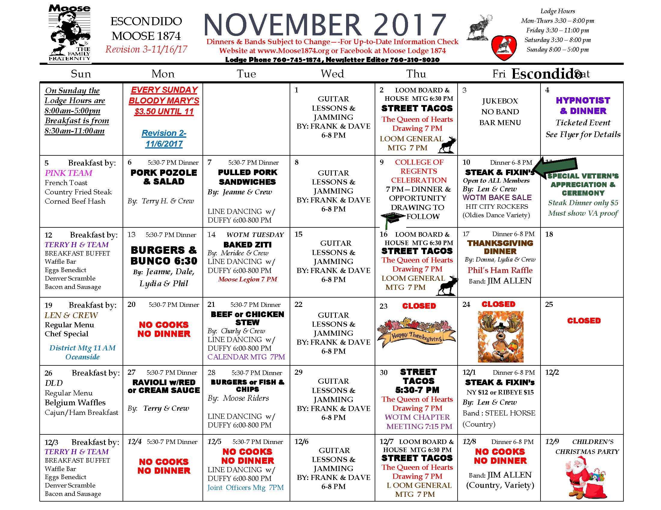 Moose Calendar NOVEMBER 2017 REV 3 Moose 1874 Moose Calendar NOVEMBER 2017 REV 3 Moose 1874