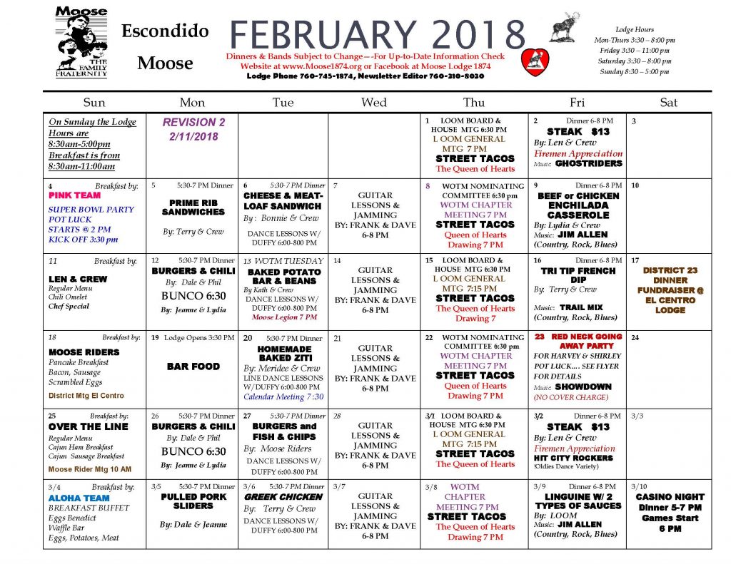Moose Calendar FEBRUARY 2018 REV 2 Moose 1874 Moose Calendar FEBRUARY 2018 REV 2 Moose 1874
