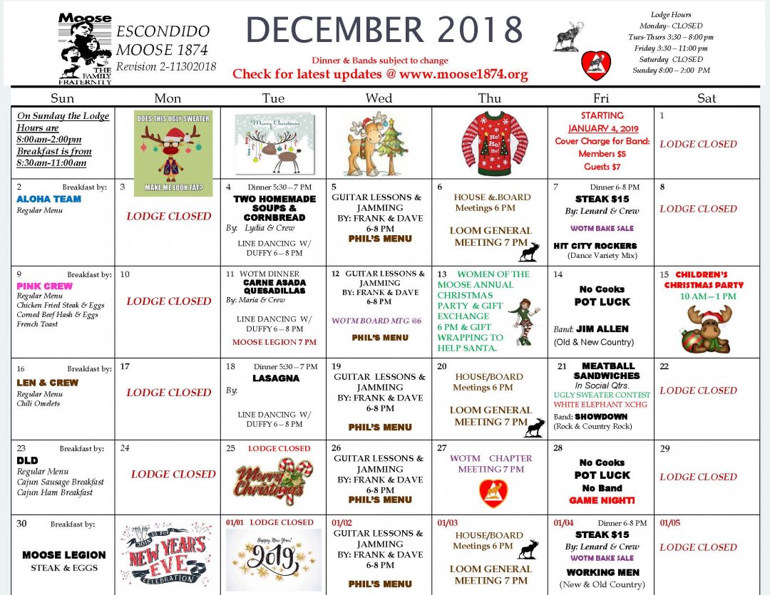 Moose Calendar DECEMBER 2018 2 Moose 1874 Moose Calendar DECEMBER 2018 2 Moose 1874